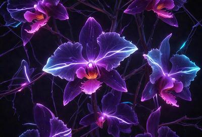 The primary subject of the image is a close-up of a purple orchid flower. The setting is a dark background, which creates a dramatic and moody atmosphere. The visual style is a combination of a photo and digital art, as the flower appears to be a part of a larger pattern or design. The dominant colors are purple and pink, with the purple orchid being the focal point of the image.