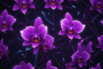 Purple orchids are the primary subject of the image. They are displayed in a pattern, with some of the flowers appearing to be lit up. The setting is a dark background, which contrasts with the vibrant purple orchids. The visual style is a combination of a photo and digital art, creating a unique and eye-catching display. The dominant colors are purple and blue, giving the image a calming and serene atmosphere.