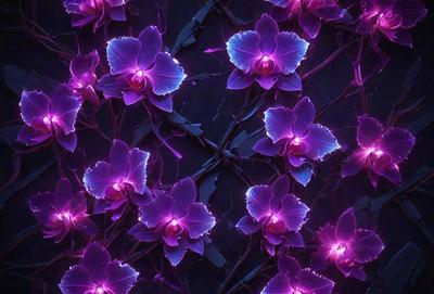 The primary subject of the image is a close-up of purple orchids. The setting is a dark background, which creates a dramatic and moody atmosphere. The visual style is a combination of a photo and digital art, as the orchids are depicted in a detailed and artistic manner. The colors and mood of the image are predominantly purple, which adds to the overall ambiance of the scene.