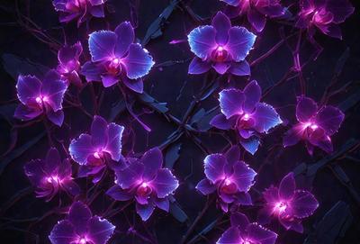 The primary subject of the image is a close-up of purple orchids. The setting is a dark background, which creates a dramatic and moody atmosphere. The visual style is a combination of a photo and digital art, as the orchids are depicted in a detailed and artistic manner. The colors and mood of the image are predominantly purple, which adds to the overall ambiance of the scene.