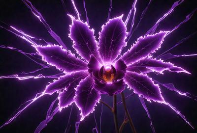 The primary subject of the image is a purple flower with a yellow center, which is the main focus of the image. The setting is a dark background, which adds to the overall mood of the image. The visual style is a combination of photo and digital art, creating a unique and eye-catching representation of the flower. The dominant colors are purple and yellow, which create a striking contrast against the dark background.