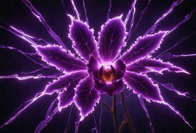 The primary subject of the image is a purple flower with a yellow center, which is the main focus of the image. The setting is a dark background, which adds to the overall mood of the image. The visual style is a combination of photo and digital art, creating a unique and eye-catching representation of the flower. The dominant colors are purple and yellow, which create a striking contrast against the dark background.