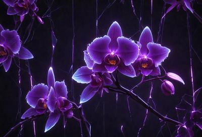 The primary subject of the image is a branch with purple flowers. The setting is a dark room, and the visual style appears to be a digital art or illustration. The dominant colors are purple and blue, creating a calm and serene atmosphere.