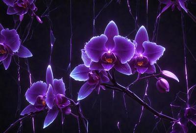 The primary subject of the image is a branch with purple flowers. The setting is a dark room, and the visual style appears to be a digital art or illustration. The dominant colors are purple and black, creating a moody and dramatic atmosphere.