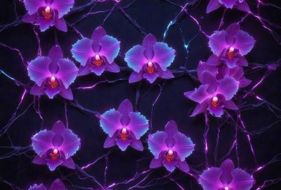 The primary subject of the image is a close-up of a purple orchid flower. The setting is a dark background, which contrasts with the vibrant purple color of the flower. The visual style is a digital art or illustration, showcasing the intricate details of the flower. The colors and mood of the image are predominantly purple, creating a serene and elegant atmosphere.