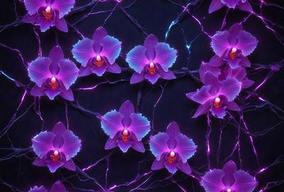 The primary subject of the image is a close-up of a purple orchid flower. The setting is a dark background, which contrasts with the vibrant purple color of the flower. The visual style is a digital art or illustration, showcasing the intricate details of the flower. The colors and mood of the image are predominantly purple, creating a serene and elegant atmosphere.