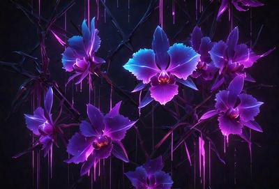 The primary subject of the image is a group of purple flowers. The setting is a dark background, which creates a dramatic and moody atmosphere. The visual style is a digital art or illustration, as the flowers are depicted in a detailed and artistic manner. The colors and mood of the image are predominantly purple, which adds to the overall ambiance of the scene.