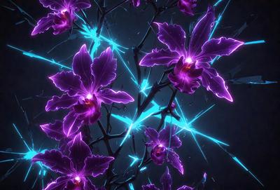 The primary subject of the image is a purple flower with a blue stem. The setting is a dark background, which creates a dramatic and moody atmosphere. The visual style is a combination of photo and digital art, as the flower appears to be a close-up of a real flower, but the background is digitally created. The colors and mood of the image are predominantly purple and blue, with a hint of green, giving the scene a sense of mystery and beauty.