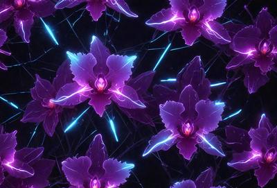 The primary subject of the image is a purple flower with long, thin stems. The flower is surrounded by other purple flowers, creating a visually appealing pattern. The setting is a dark background, which contrasts with the vibrant purple flowers. The visual style is a combination of digital art and illustration, giving the image a unique and artistic appearance. The dominant colors are purple and blue, creating a calm and serene atmosphere.