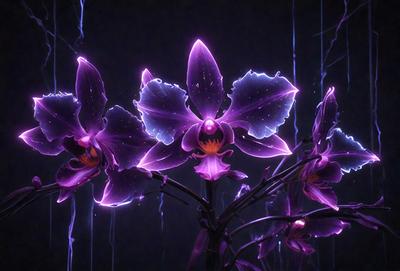 The primary subject of the image is a purple orchid flower. The setting is a dark, purple-lit environment, which creates a moody and dramatic atmosphere. The visual style is a combination of a photo and digital art, as the flower appears to be a digital illustration. The dominant colors are purple and pink, with the purple lighting adding a sense of mystery and allure to the scene.