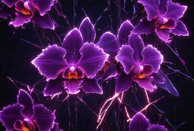 Purple orchids are the primary subject of the image. They are displayed in a dark setting, possibly a nighttime garden or a dark room. The orchids are purple and have a glowing effect, possibly due to lighting or a digital art technique. The overall atmosphere of the image is serene and captivating.
