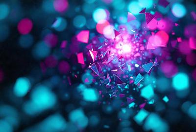 The primary subject of the image is a close-up of a colorful, abstract pattern made up of various shapes and colors. The setting is a dark blue background, which contrasts with the vibrant colors of the pattern. The visual style appears to be a combination of digital art and illustration, creating a unique and eye-catching design. The dominant colors in the image are blue, purple, and pink, giving the overall atmosphere a sense of depth and visual interest.