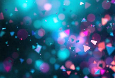 The primary subject of the image is a colorful, swirling pattern of triangles and other geometric shapes. The setting is a dark, blue background that contrasts with the bright, vibrant colors of the shapes. The visual style is a combination of digital art and illustration, creating a dynamic and eye-catching design. The dominant colors are blue, pink, and purple, giving the image a lively and energetic atmosphere.
