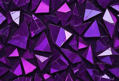 The primary subject of the image is a large, purple wall with a pattern of purple triangles. The setting is a dark room, and the visual style appears to be a combination of digital art and illustration. The dominant colors are purple and black, creating a moody and dramatic atmosphere.