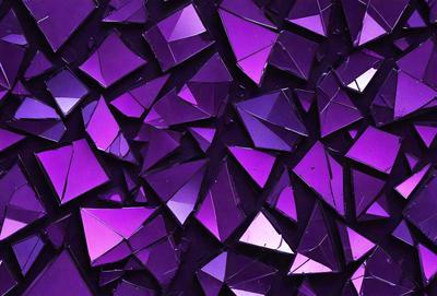 The primary subject of the image is a close-up of a purple glass surface, which appears to be a broken mirror. The setting is a dark background, and the visual style is a close-up of the purple glass. The colors and mood of the image are predominantly purple, creating a moody and dramatic atmosphere.