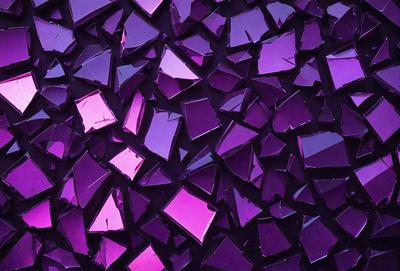 The primary subject of the image is a large pile of purple glass shards. The setting is a dark background, which contrasts with the vibrant purple color of the glass. The visual style is a close-up of the glass shards, showcasing their unique shapes and textures. The colors and mood of the image are predominantly purple, creating a sense of depth and intrigue.