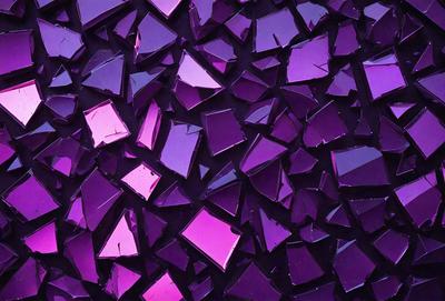 The primary subject of the image is a large pile of purple glass shards. The setting is a dark background, which contrasts with the vibrant purple color of the glass. The visual style is a close-up of the glass shards, showcasing their unique shapes and textures. The colors and mood of the image are predominantly purple, creating a sense of depth and intrigue.
