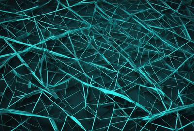 The primary subject of the image is a blue, glass-like surface with a pattern of interconnected triangles. The setting appears to be a dark room, and the visual style is a combination of digital art and illustration. The dominant colors in the image are blue and black, creating a moody and atmospheric ambiance.