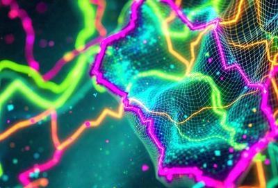 The primary subject of the image is a colorful, abstract design featuring a mix of green, blue, and yellow colors. The setting is a dark background, which contrasts with the vibrant colors of the design. The visual style appears to be a combination of digital art and illustration, creating a unique and eye-catching pattern. The overall atmosphere is lively and energetic, with the colors and design elements working together to create a captivating and dynamic image.