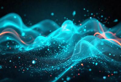 The primary subject of the image is a blue and orange digital artwork featuring a wave-like pattern. The setting is a dark background, which contrasts with the vibrant colors of the artwork. The visual style is a combination of digital art and illustration, creating a unique and captivating piece. The dominant colors are blue and orange, which evoke a sense of energy and movement.