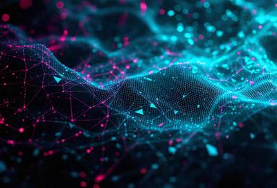 The primary subject of the image is a blue and pink digital artwork featuring a complex pattern of lines and shapes. The setting is a dark background, which contrasts with the vibrant colors of the artwork. The visual style is a combination of digital art and illustration, creating a unique and intricate design. The colors and mood of the image are predominantly blue and pink, giving it a lively and energetic atmosphere.
