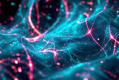 The primary subject of the image is a vibrant, colorful, and abstract pattern. The setting is a dark background, which contrasts with the bright colors of the pattern. The visual style is a combination of digital art and illustration, creating a unique and eye-catching design. The dominant colors are blue, pink, and green, which contribute to a lively and energetic atmosphere.