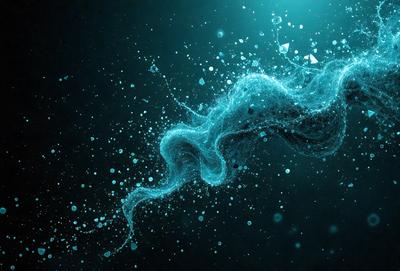The primary subject of the image is a blue, flowing, and swirling liquid, which appears to be a digital art or illustration. The setting is a dark background, and the visual style is a combination of digital art and illustration. The dominant colors are blue and black, creating a moody and dramatic atmosphere.