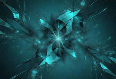 The primary subject of the image is a blue and green geometric pattern, which appears to be a digital art or illustration. The setting is a dark blue background, and the visual style is a combination of digital art and illustration. The dominant colors are blue and green, creating a calm and soothing atmosphere.