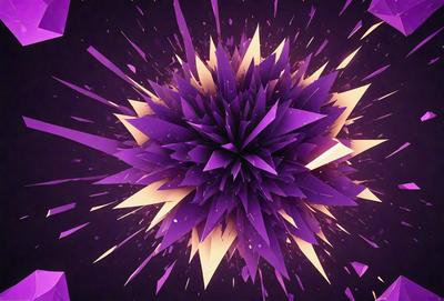 The primary subject of the image is a purple, three-dimensional geometric shape, which appears to be a combination of a crystal and a flower. The setting is a dark background, which contrasts with the vibrant purple color of the geometric shape. The visual style is a mix of digital art and illustration, creating a unique and eye-catching design. The dominant colors are purple and gold, giving the image a sense of depth and sophistication.