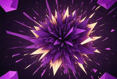 The primary subject of the image is a purple, three-dimensional geometric shape, which appears to be a combination of a crystal and a flower. The setting is a dark background, which contrasts with the vibrant purple color of the shape. The visual style is a mix of digital art and illustration, creating a unique and eye-catching design. The dominant colors are purple and gold, giving the image a bold and striking appearance.