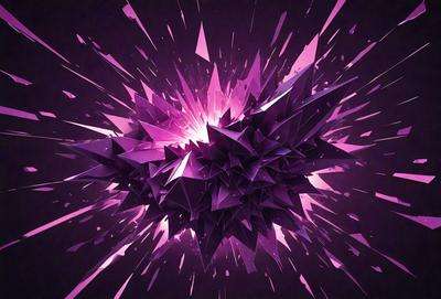 The primary subject of the image is a purple, geometric, abstract shape that appears to be a three-dimensional structure. The setting is a dark background, which contrasts with the vibrant purple color of the shape. The visual style is a combination of digital art and illustration, creating a unique and eye-catching design. The dominant colors are purple and pink, giving the image a bold and striking appearance.