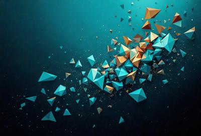 The primary subject of the image is a collection of geometric shapes, primarily triangles, arranged in various orientations. The setting is a dark background, which contrasts with the bright colors of the shapes. The visual style is a combination of digital art and illustration, creating a dynamic and visually appealing composition. The dominant colors are blue and orange, which add a sense of depth and energy to the scene. Overall, the image conveys a sense of movement and creativity, with the geometric shapes serving as the focal point