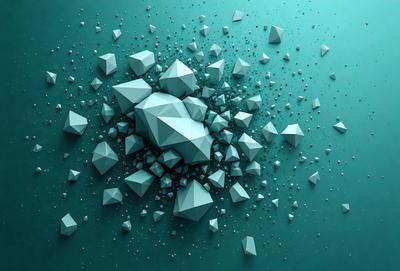 The primary subject of the image is a collection of blue and white geometric shapes, which are floating in a blue background. The visual style of the image is digital art, as it appears to be a computer-generated or digitally manipulated composition. The colors and mood of the image are predominantly blue and white, creating a calm and serene atmosphere.