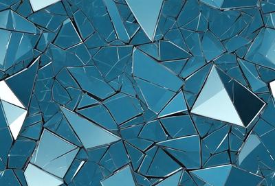 The primary subject of the image is a blue glass surface, which appears to be a piece of broken glass or a mirror. The setting is a blue background, which complements the blue glass. The visual style is a close-up of the glass, showcasing its texture and reflective properties. The colors and mood of the image are predominantly blue, creating a calm and serene atmosphere.