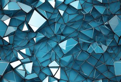 The primary subject of the image is a blue glass wall with a pattern of blue and white squares. The setting is a room with a blue background, and the visual style is a combination of a photo and digital art. The dominant colors are blue and white, creating a calm and soothing atmosphere.