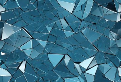 The primary subject of the image is a blue glass surface, which appears to be a piece of broken glass or a shattered mirror. The setting is a dark blue background, which contrasts with the blue glass. The visual style is a close-up of the broken glass, showcasing its intricate patterns and textures. The colors and mood of the image are predominantly dark and moody, with the blue glass serving as the focal point.