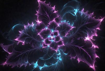 The primary subject of the image is a purple and blue flower with a purple center. The flower is surrounded by a purple and blue background, creating a visually striking scene. The visual style of the image is a combination of photo and digital art, with the flower appearing to be a digital illustration. The dominant colors in the image are purple and blue, creating a calming and serene atmosphere.