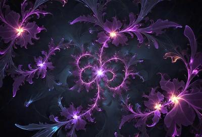 The primary subject of the image is a purple and black floral pattern. The setting is a dark background, which contrasts with the vibrant colors of the floral pattern. The visual style is a combination of digital art and illustration, creating a unique and eye-catching design. The dominant colors are purple and black, giving the image a bold and striking appearance.
