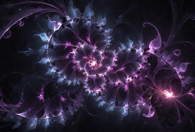 The primary subject of the image is a purple and blue spiral pattern, which appears to be a digital art or illustration. The setting is a dark background, which adds to the overall mood of the image. The visual style is a combination of digital art and illustration, creating a unique and intricate design. The colors and mood of the image are predominantly purple and blue, giving it a calming and serene atmosphere.