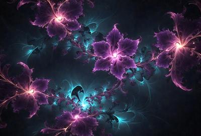 The primary subject of the image is a purple and blue flower with a purple center. The flower is surrounded by a blue and purple background, creating a vibrant and colorful scene. The visual style of the image is a digital art or illustration, with the flower and its surroundings appearing to be digitally rendered or drawn. The colors and mood of the image are predominantly purple and blue, giving it a calm and serene atmosphere.