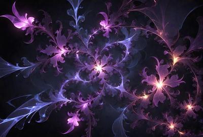 The primary subject of the image is a purple and blue floral pattern. The setting is a dark background, which contrasts with the vibrant colors of the floral pattern. The visual style appears to be a digital art or illustration, as the floral pattern is intricately detailed and the colors are rich and saturated. The overall atmosphere of the image is one of beauty and elegance, with the floral pattern serving as the focal point of the composition.