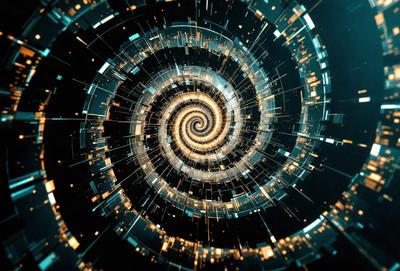 The primary subject of the image is a spiral pattern, which is the main object, scene, or focus of the image. The spiral pattern is set against a black background, giving it a contrasting and striking appearance. The visual style of the image is digital art, as it is a computer-generated representation of the spiral pattern. The dominant colors in the image are yellow and blue, creating a vibrant and lively atmosphere.