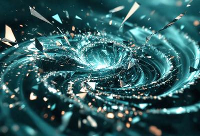 The primary subject of the image is a spiral-shaped object, possibly a galaxy or a swirling pattern, with a blue and white color scheme. The setting is a dark background, which contrasts with the vibrant colors of the spiral. The visual style appears to be a combination of digital art and illustration, creating a dynamic and intricate design. The overall atmosphere of the image is one of depth and complexity, as the spiral pattern seems to extend into the distance.