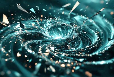 The primary subject of the image is a spiral-shaped object, possibly a galaxy or a swirling pattern, with a blue and white color scheme. The setting is a dark background, which contrasts with the vibrant colors of the spiral. The visual style appears to be a combination of digital art and illustration, creating a dynamic and intricate design. The overall atmosphere of the image is one of depth and complexity, as the spiral pattern seems to extend into the distance.