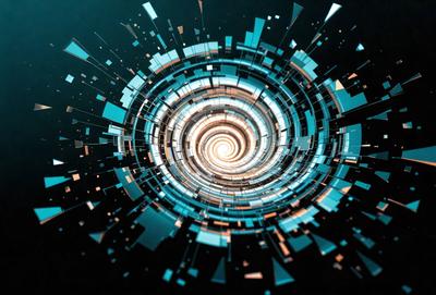 The primary subject of the image is a blue spiral, which appears to be a digital art or illustration. The setting is a black background, and the visual style is a combination of digital art and illustration. The dominant colors are blue and black, creating a sense of depth and intrigue. The overall atmosphere of the image is mysterious and captivating.