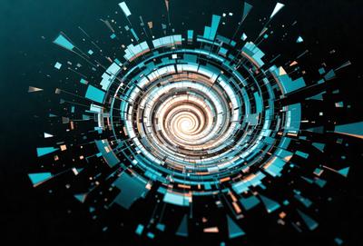 The primary subject of the image is a blue spiral, which appears to be a digital art or illustration. The setting is a black background, and the visual style is a combination of digital art and illustration. The dominant colors are blue and black, creating a mood of depth and intrigue.