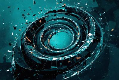 The primary subject of the image is a large, circular, blue structure with a hole in the center. The setting is a black background, which contrasts with the blue structure. The visual style is a combination of digital art and illustration, creating a futuristic and intriguing scene. The colors and mood are predominantly dark and mysterious, with the blue structure standing out as the main focal point.