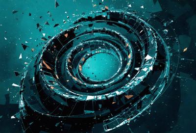 The primary subject of the image is a large, circular, blue structure with a hole in the center. The setting is a black background, which contrasts with the blue structure. The visual style is a combination of digital art and illustration, creating a futuristic and intriguing scene. The colors and mood are predominantly dark and mysterious, with the blue structure standing out as the main focal point.