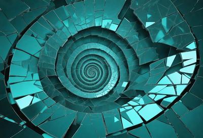 The primary subject of the image is a spiral pattern, which is the main object, scene, or focus of the image. The spiral pattern is set against a blue background, creating a visually striking contrast. The visual style of the image is a combination of photo and digital art, as it appears to be a close-up of a spiral pattern, possibly from a broken mirror. The colors and mood of the image are predominantly blue, giving it a calm and serene atmosphere.
