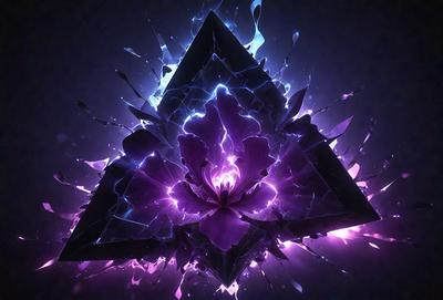 The primary subject of the image is a purple flower with a pink center, surrounded by a blue triangle. The setting is a dark background, which adds to the overall mood of the image. The visual style is a combination of digital art and illustration, creating a unique and eye-catching design. The dominant colors are purple, pink, and blue, which contribute to a calming and serene atmosphere.